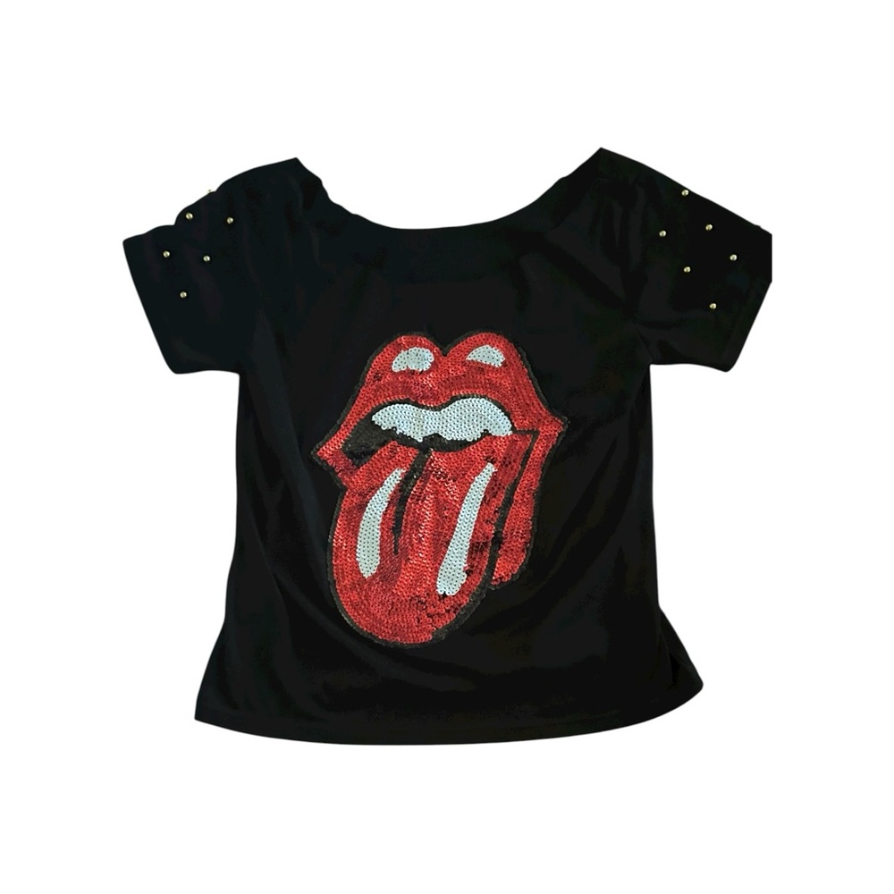 Rolling Stones On/Off Shoulder Black Sequin Top with Gold Metallic Balls